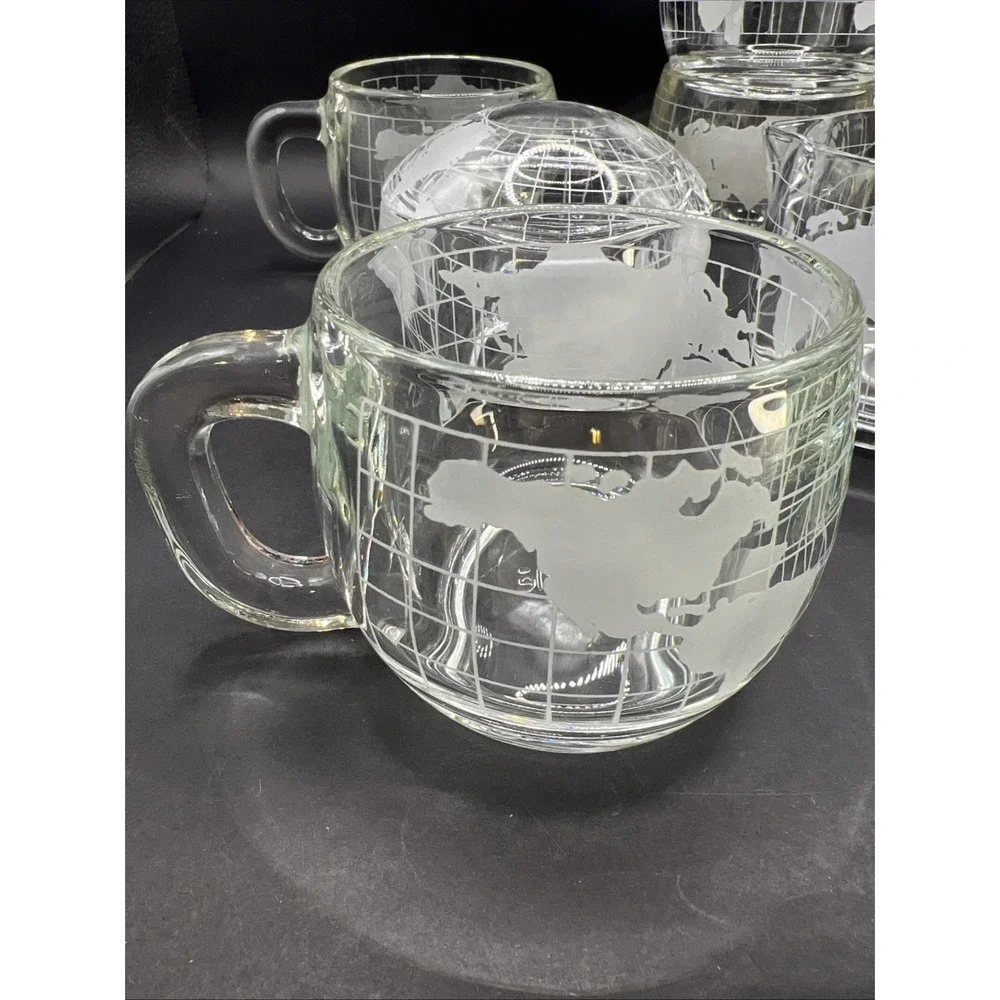 Vintage Nestle Nescafe Glass Coffee Mugs Set of 4 World Globe Creamer Sugar Lid